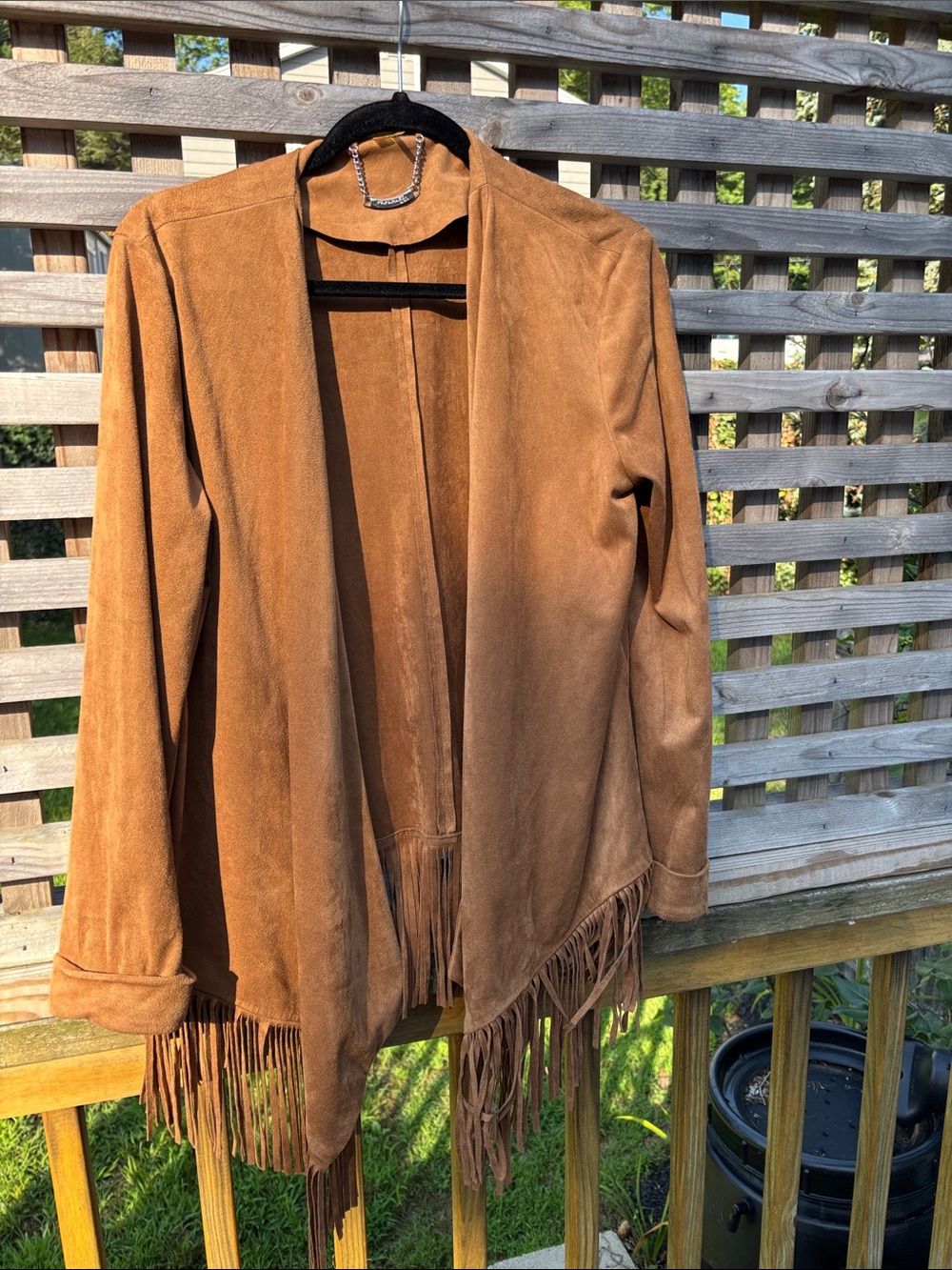 paparazzi Brown Suede Fringe Open-Front Jacket